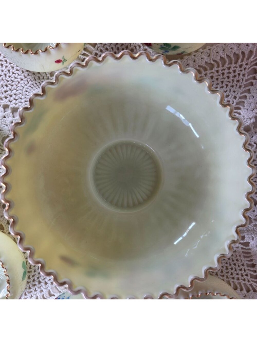 Antique Jefferson Optic Custard Glass Berry Bowl Set 7 Pc Hand Painted Roses Gol - Picture 12 of 15